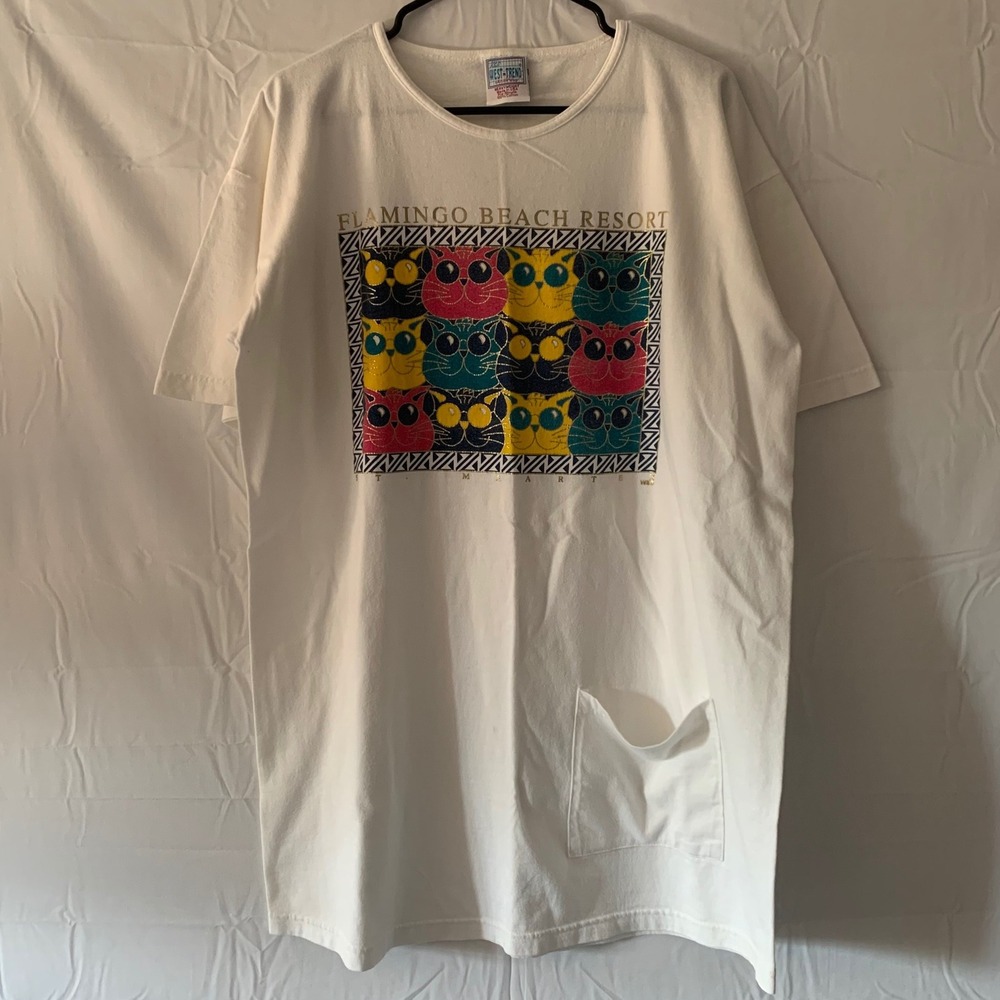 Vintage West-Trend Flamingo Beach Resort Cat Graphic T-Shirt Dress White OSFA